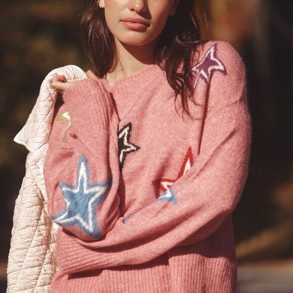 Electric & Rose Pink Mohair Wool Blend Sweater with Stars Anthropologie Medium - Picture 3 of 11